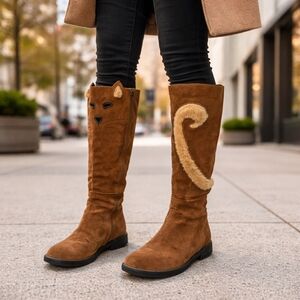 Camper Suede Leather Cat Boots Knee High Kitten Face Novelty Statement Boots